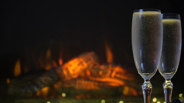 Two champagne flutes, flickering glow of dancing flames in a fireplace. Intimate scene captures a cozy romantic evening for two,  sense of warmth quiet celebration. Luxurious Valentine&rsquo;s Day visuals.