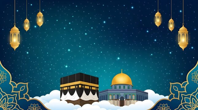 Elegant Islamic banner design featuring the Kaaba and Dome of the Rock above white clouds, decorated with hanging golden lanterns and intricate Islamic border ornaments on a dark blue starry.