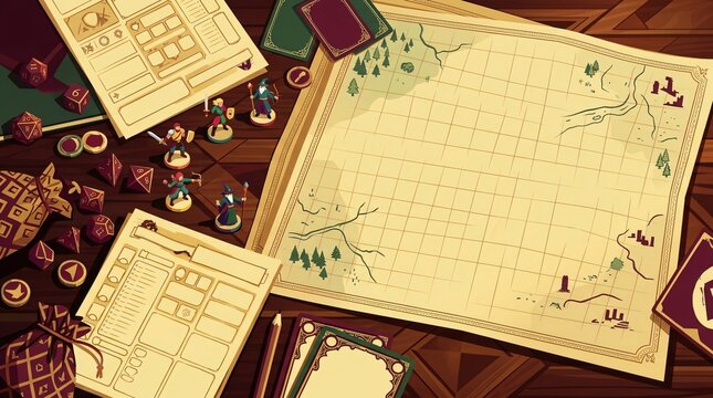 Tabletop Fantasy RPG Dice and Map Digital Graphic Art Illustration