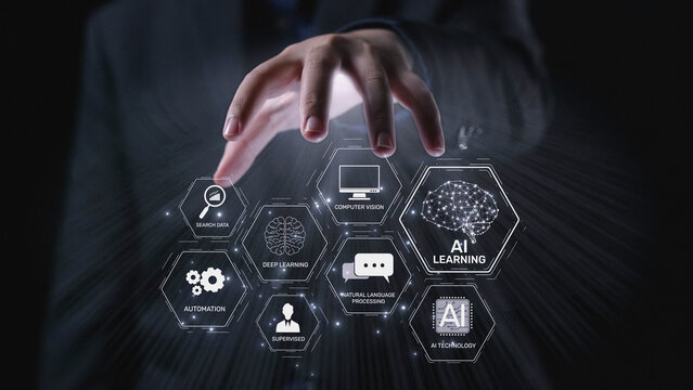 AI learning system involves deep learning, supervised machine learning, and natural language processing. AI learning diagram shows how AI advances learn in automation and data processing. Elide