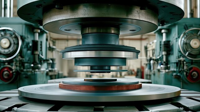 Precision machinery in industrial workshop, showcasing mechanical components and rotating plates with intricate design elements