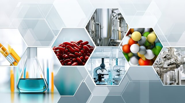 Modern Laboratory Collage with Laboratory Equipment, Capsules, Molecules, and Scientific Research in a Futuristic Setting