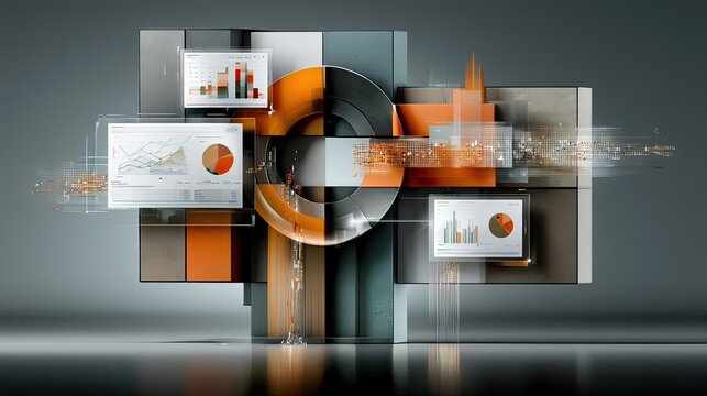 Abstract digital composition with geometric forms and business graphs in orange and gray tones on futuristic background
