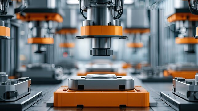 Precision machinery in an advanced manufacturing facility with robotic arms assembling parts in a high-tech environment
