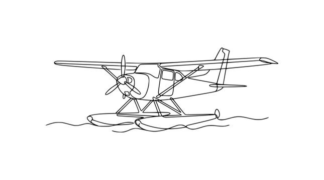 Seaplane on Water Line Art Drawing, Isolated