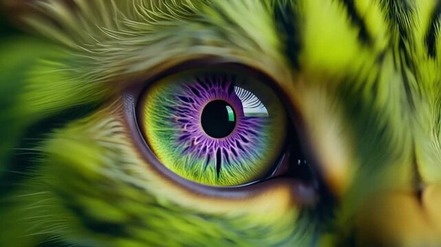 Extreme macro photorealistic footage of a beautiful cat eye with vivid neon-green fur and striking purple-violet iris
