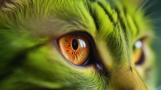 Extreme macro photorealistic footage of a beautiful cat eye with vivid neon-green fur and warm amber-orange iris
