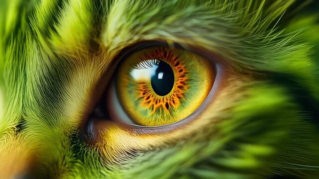 Extreme macro photorealistic footage of a beautiful cat eye with vivid neon-green fur and glowing golden-yellow iris
