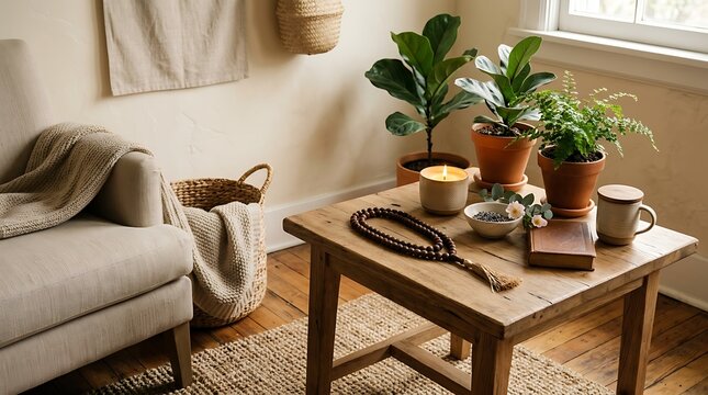 Adkar prayer beads on rustic wooden table with candles and plants in a peaceful cozy living room interior