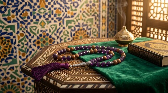 A holy Quran and prayer beads for adkar arranged on a table with traditional Middle Eastern decor