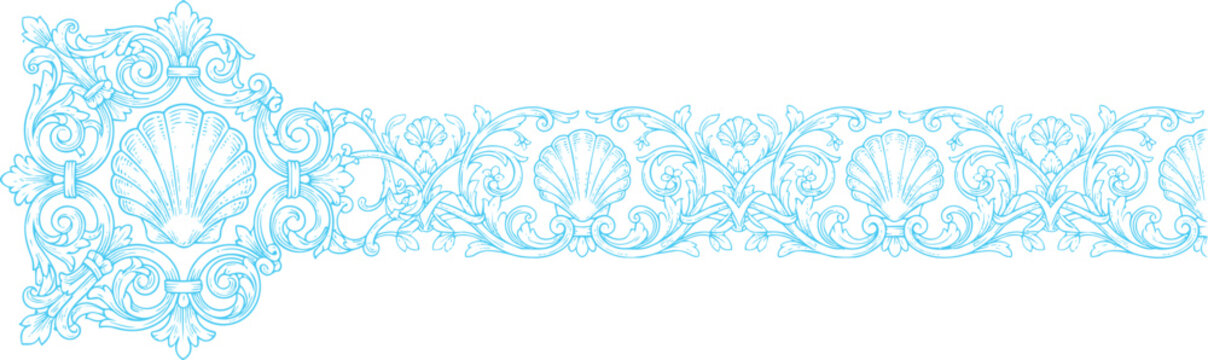 Light blue vintage floral border with scallop shell motifs, intricate rococo style scrollwork, decorative divider on white background