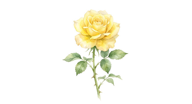 Hand drawn watercolor botanical illustration of a single blooming yellow rose flower with detailed green leaves, thorns, and stem isolated on a white background.