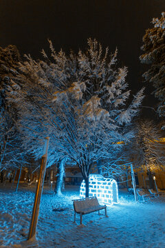 View of an illuminated igloo-shaped light installation in a snow-covered park at night in Sremska Mitrovica, Vojvodina, Serbia.