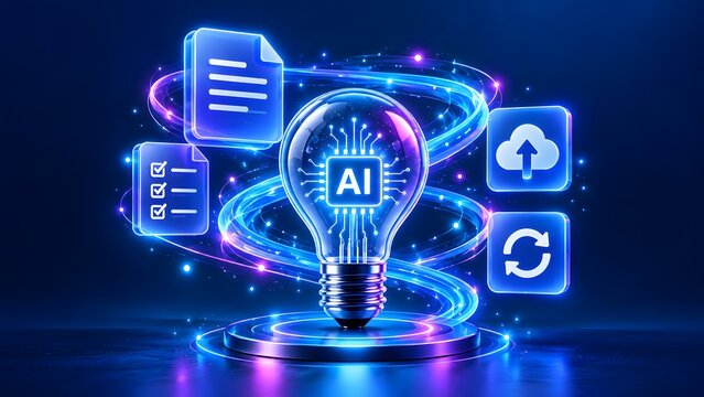 AI cloud computing and smart data management concept. Glowing artificial intelligence lightbulb surrounded by document, sync, and cloud storage icons.