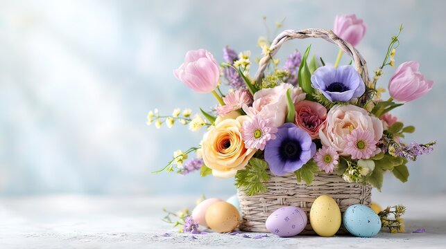 Beautiful Floral Arrangement in a Basket with Colorful Eggs for Spring and Easter Celebrations