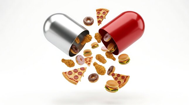 Open Medical Capsule Releasing Fast Food Items Isolated on White Background