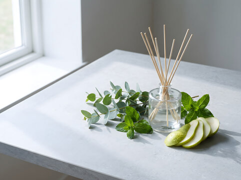 Aromatic reed diffuser with eucalyptus, fresh mint leaves, and sliced pear on a tabletop for scent combination ideas