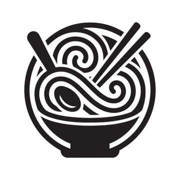 Black and white noodle bowl logo icon vector illustration with chopsticks and spoon