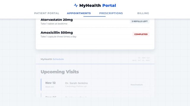 Frame-by-frame animated navigation where the content panels slowly drop down from behind the navigation bar, mimicking a prescription or receipt unrolling from a slot.