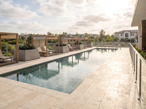 Stunning luxury apartment clubhouse swimming pool deck with comfortable cabanas and loungers at sunset view