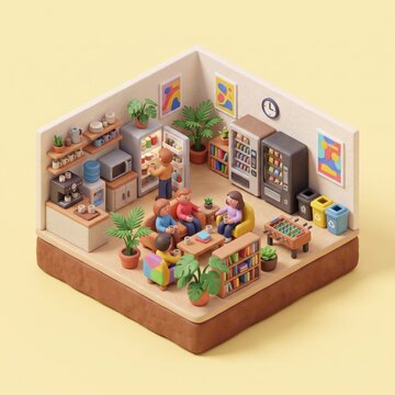 3D isometric office breakroom coffee corner miniature diorama recreation