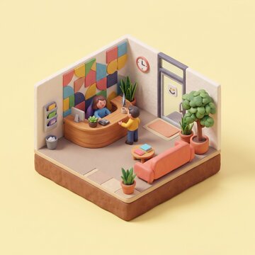 3D isometric office reception lobby miniature diorama welcoming desk