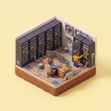 3D isometric server room IT data center software engineering diorama