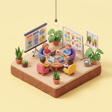 3D isometric brainstorming meeting office diorama business team startup