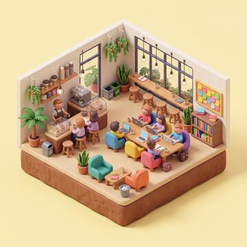 3D isometric co-working space cafe miniature diorama collaborative shared hub