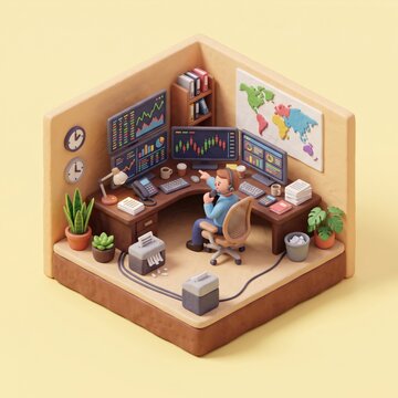 3D isometric financial trading desk stock market analyst diorama miniature