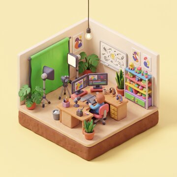3D isometric creative design video editing studio miniature diorama