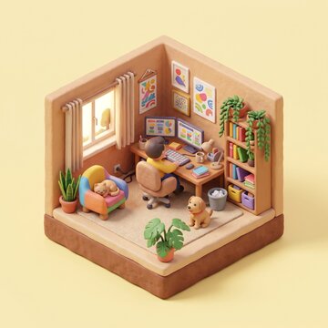 3D isometric home office remote worker miniature diorama cozy room