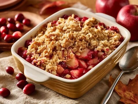 Realistic commercial photo of cranberry apple crumble in a ceramic baking dish, golden oat topping, fresh cranberries and autumn leaves 