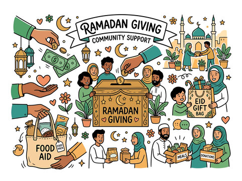 Ramadan Charity Donation and Community Support Vector Illustration