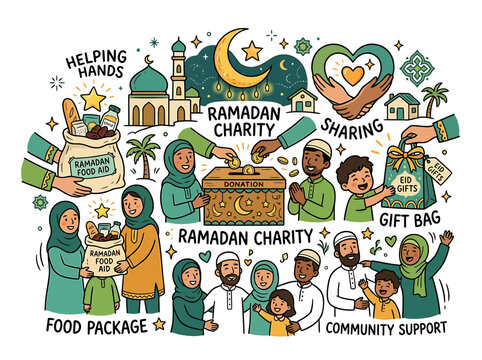 Ramadan Charity and Food Aid Donation Vector Illustration Set