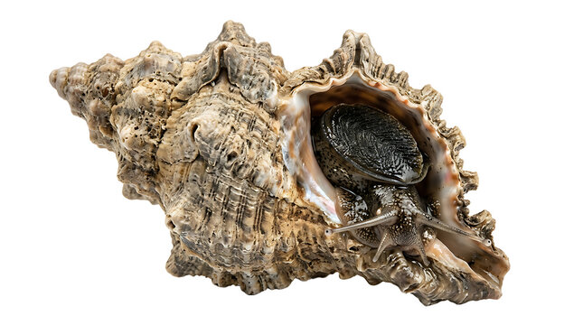 Sea snail emerges from its ornate shell isolated on transparent background