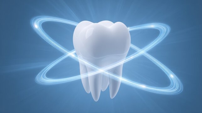 Tooth surrounded by glowing atomic rings representing dental health and science concept in modern design