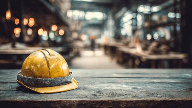 Yellow hard hat resting on a wooden table in an industrial setting, showcasing craftsmanship in a workshop environment