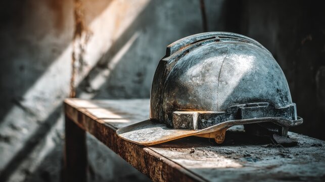 Worn Construction Helmet on Dusty Workbench with Natural Light and Gritty Industrial Background