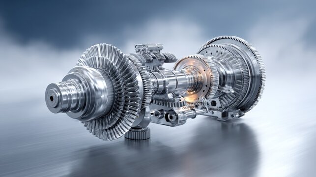 Detailed Close-Up of a Modern Gas Turbine Engine Component with Shiny Metal Finish and Intricate Mechanical Parts