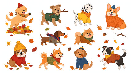 Fototapeta premium Collection of cute dogs in cozy autumn clothes playing with fallen leaves and wearing warm hats