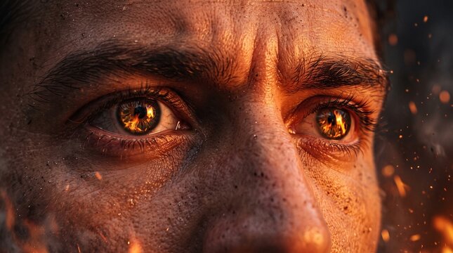 Extreme closeup of intense human eyes reflecting flames in warm firelight