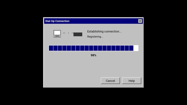 Vintage dial up internet connection window interface with loading progress bar on isolated