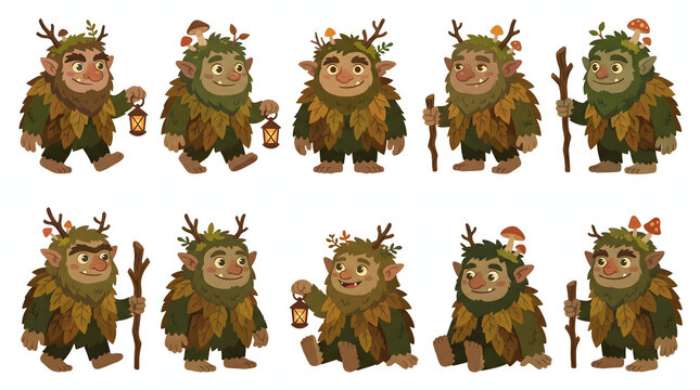 Set of cute mythical woodland troll characters wearing autumn leaves and carrying lanterns