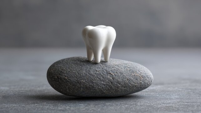 White dental tooth model placed on a smooth stone in a minimalist setting for medical and dental health concepts