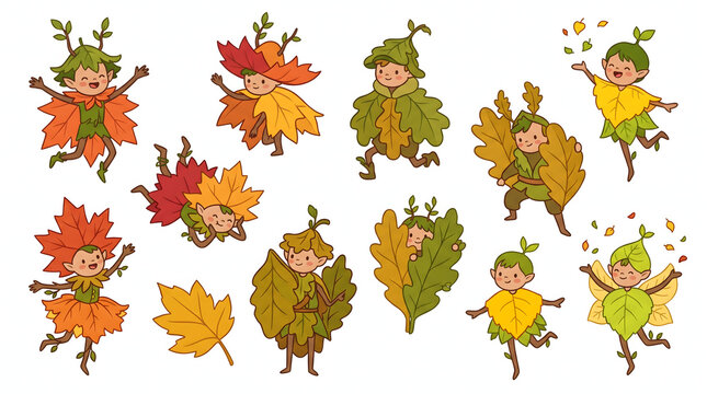 Cute whimsical leaf spirits and autumn pixies dancing in colorful seasonal foliage costumes