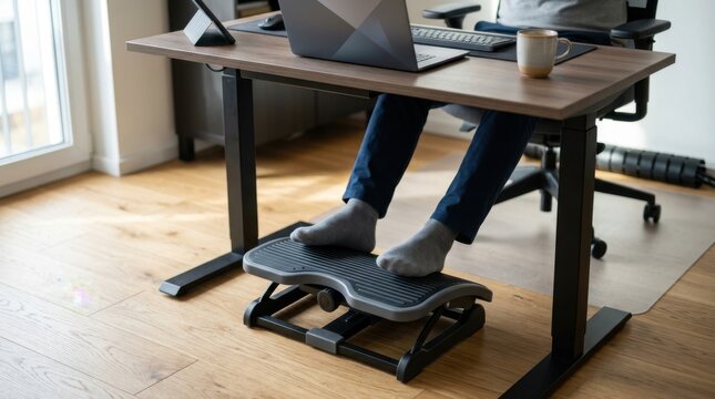Person using an adjustable ergonomic footrest under a modern office desk with laptop