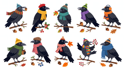 Fototapeta premium Set of cute black crows wearing colorful winter accessories and holding autumn leaves on branches