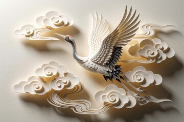 Fototapeta premium Elegant paper cut art shows white crane flying through stylized clouds. Ornate bird with detailed feathers soars in beige sky. Minimalist 3D papercraft design creates peaceful atmosphere with