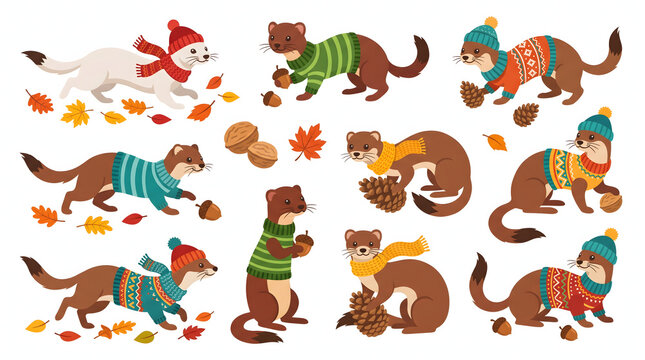 Adorable weasels in cozy knit sweaters and hats gathering acorns and pinecones during autumn